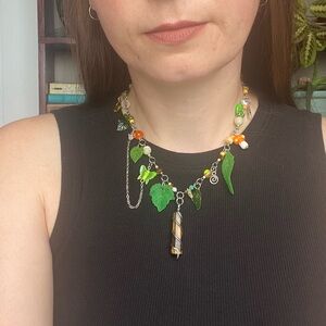 Greenwood Fairy Beaded Charm Pendant Necklace Leaves Tiger’s Eye Butterfly Chain